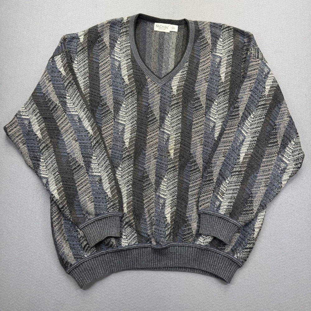 St Croix Knits Mens XL V-Neck Sweater Blue Grey Abstract Geometric Made in USA